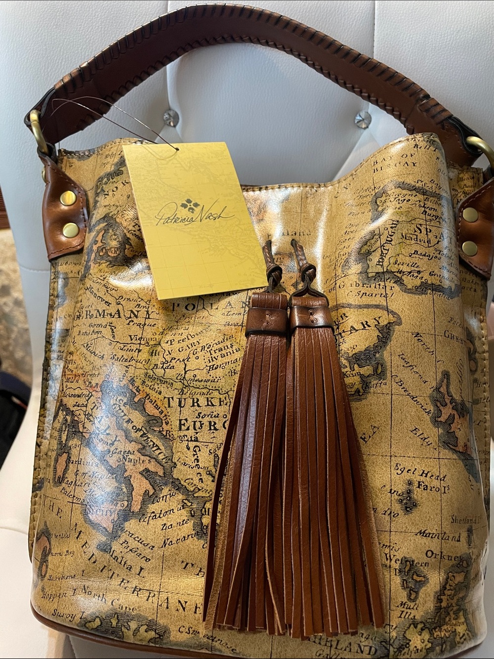 Patricia Nash Tan & Brown Vintage Map Bucket Bag with Tassels
